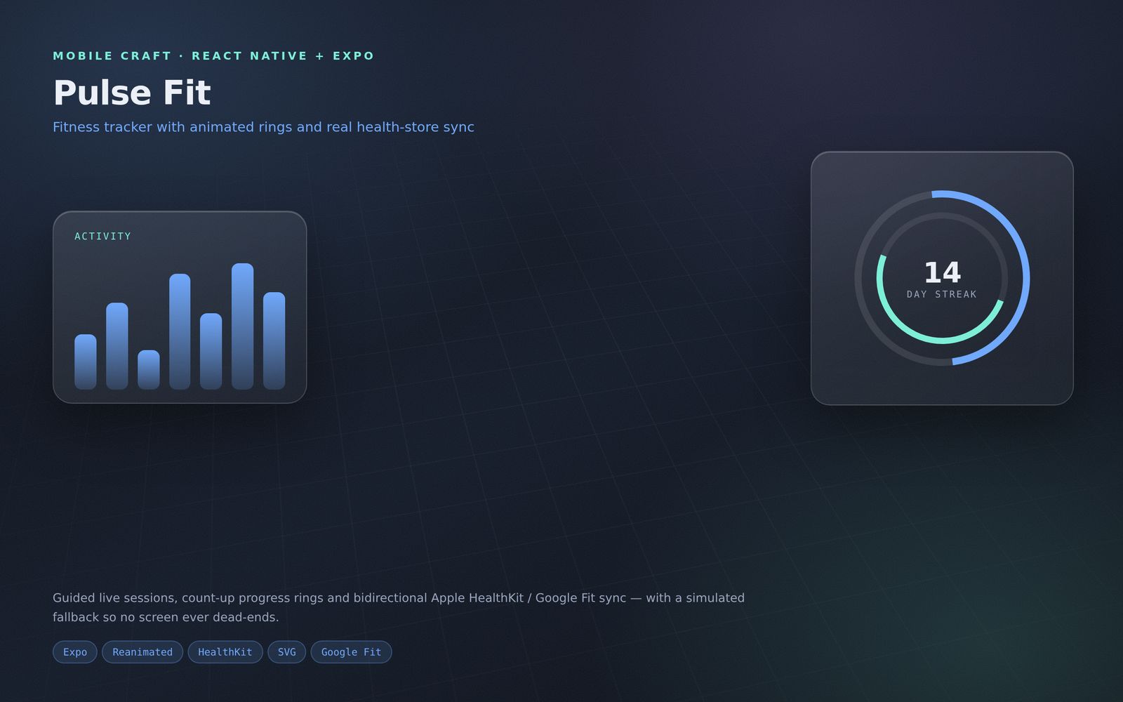 Pulse Fit interface showing a weekly activity bar chart beside animated progress rings.